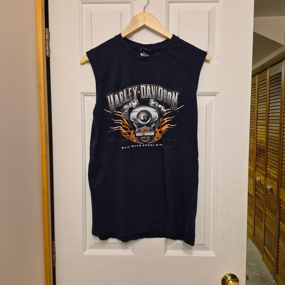Harley Davidson Mens Black Sleeveless Graphic T-Shirt Syracuse NY Engine Flame M